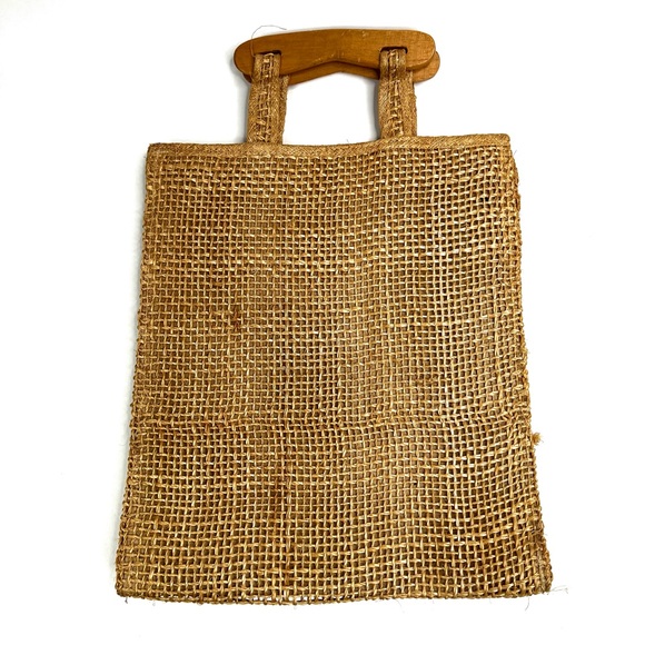 60s Vintage Burlap and Straw Handbag With Wood Handles, Boho Chic Tote Bag - Picture 3 of 4